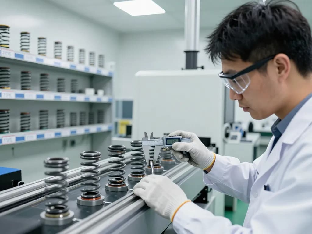 Tehnician inspectând Arcuri elicoidale pe linia de producție, asigurând controlul calității în fabricarea arcurilor.