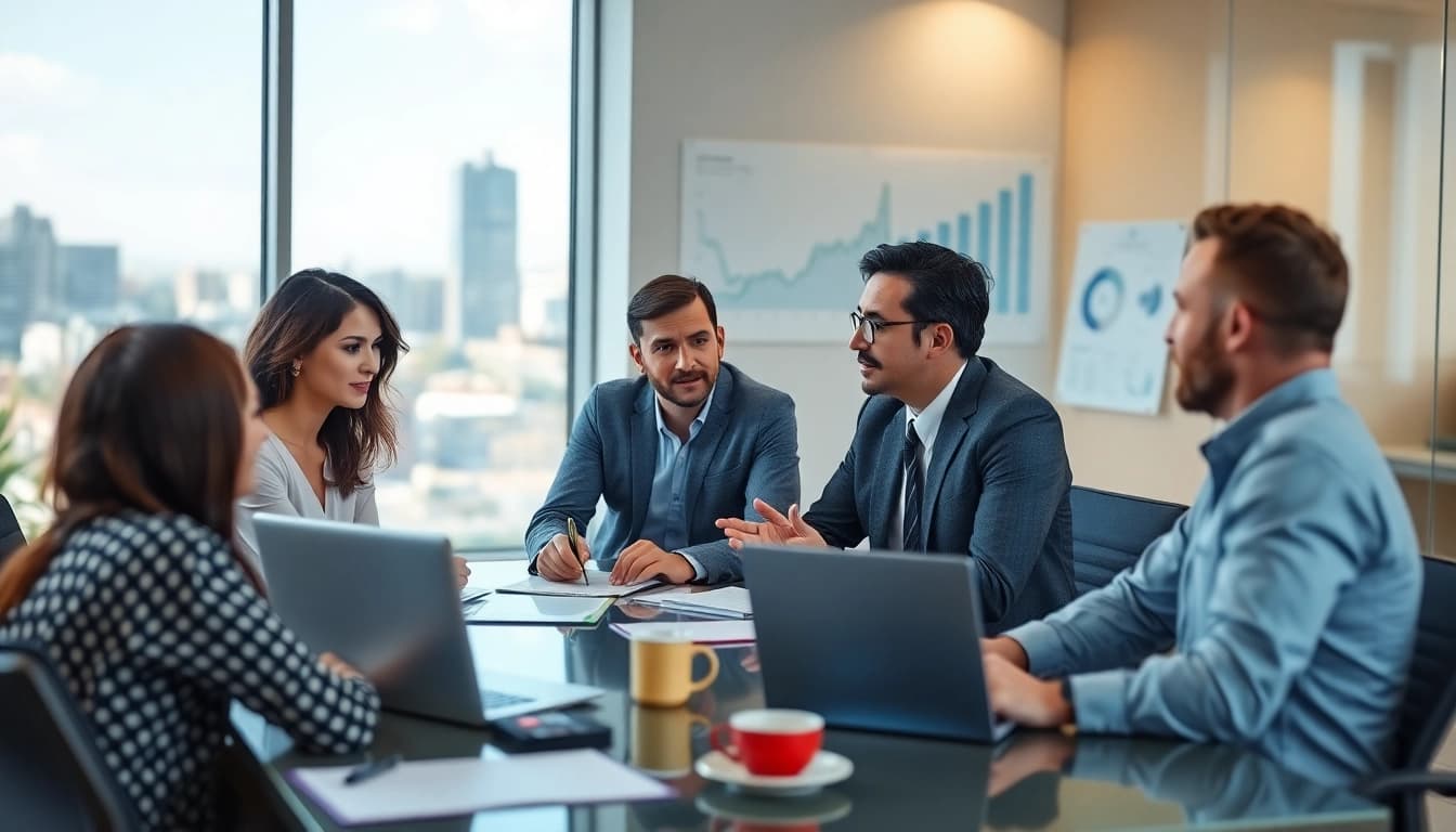 Engaging financial advisor San Antonio working with diverse clients in a professional office.