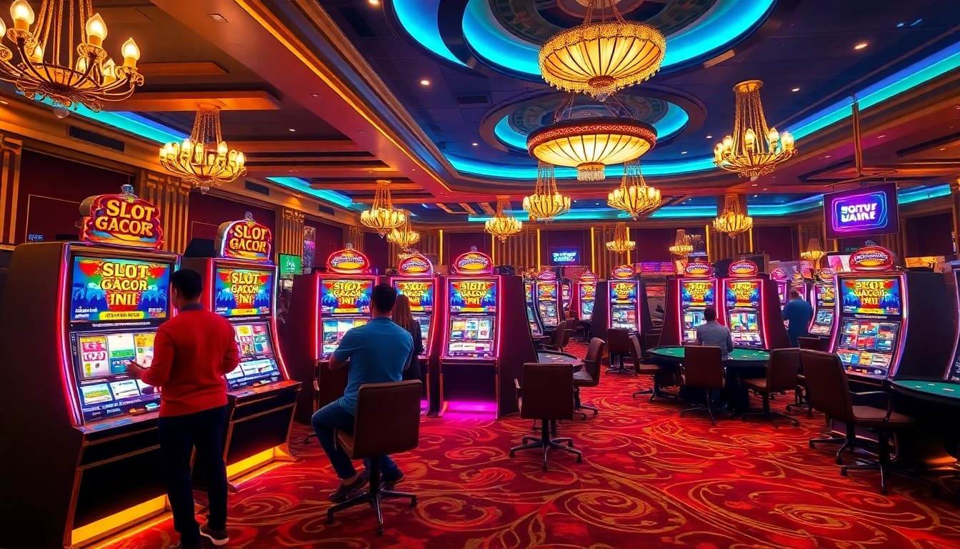 Engaging scene of players experiencing excitement at slot machines featuring Slot Gacor Hari ini.