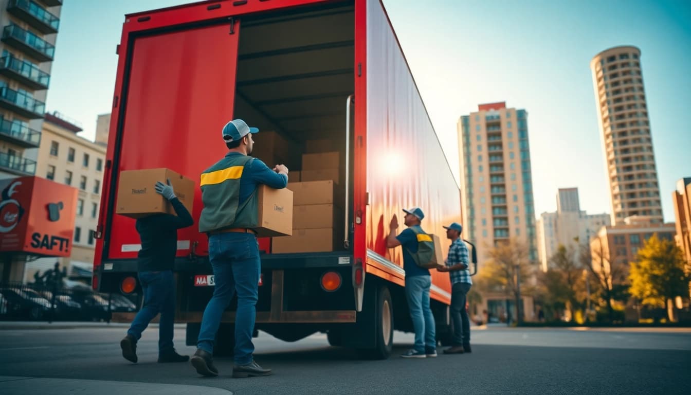 Efficient Out of State Movers loading a truck, showcasing urban relocation dynamics.