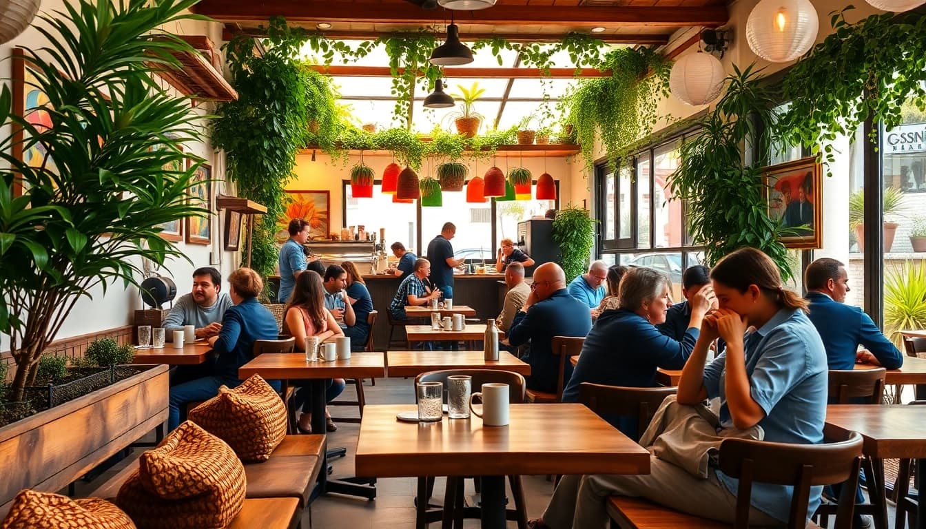 Café animé à un coffee shop frontière espagnole avec une atmosphère accueillante.