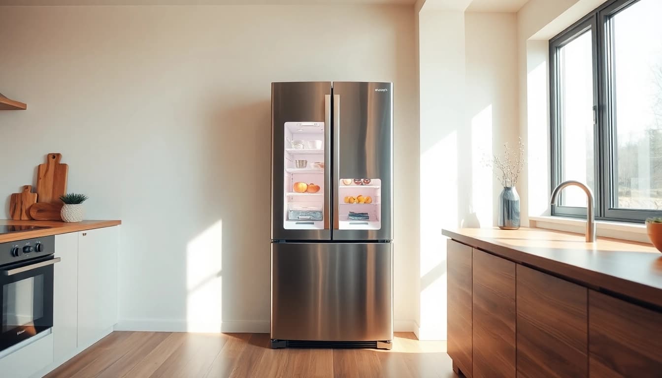 Refrigerator in a bright, modern kitchen emphasizing sleek design and organization.