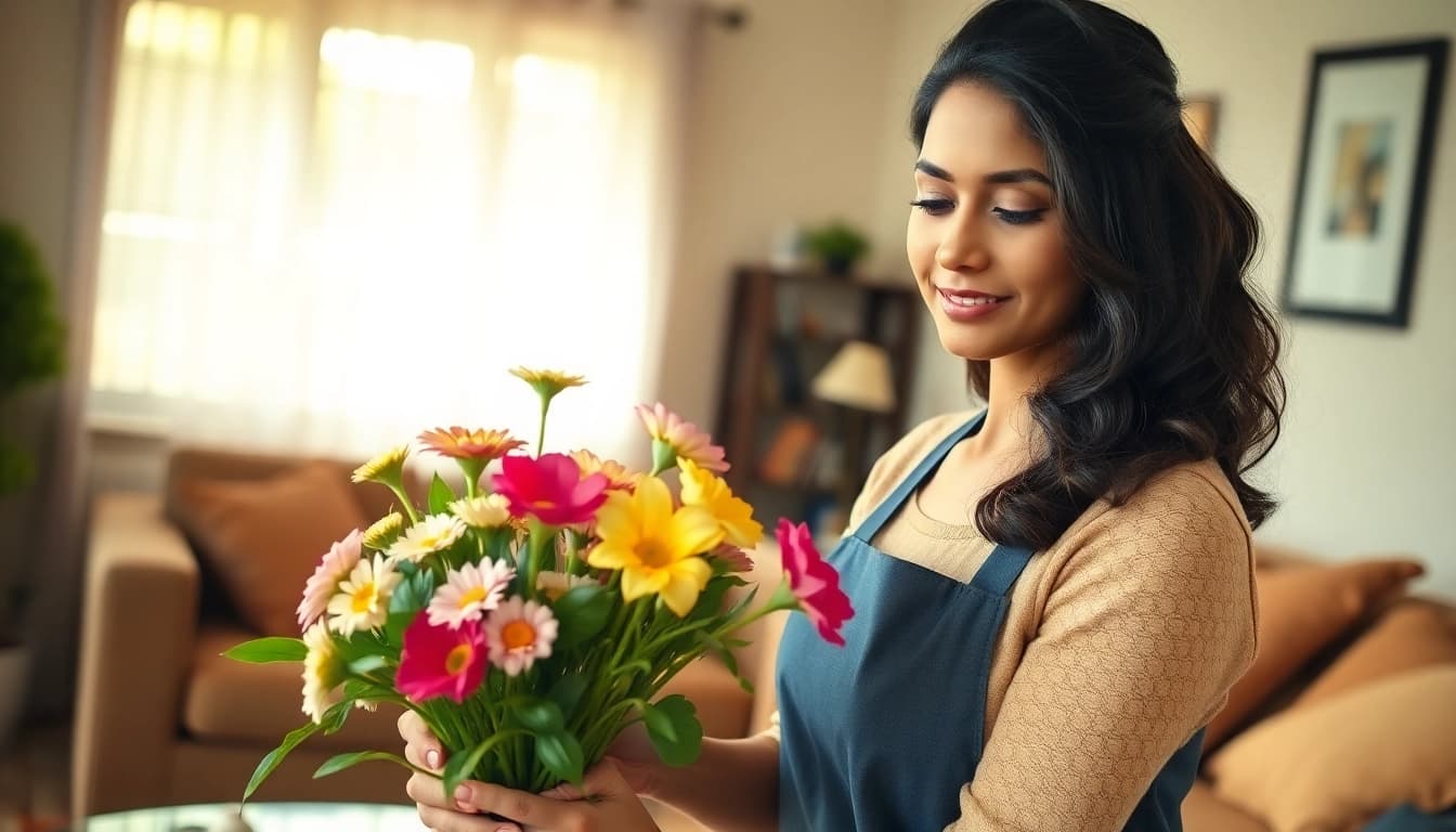Indian maid from Mizoram skillfully arranging flowers in a cozy living room.