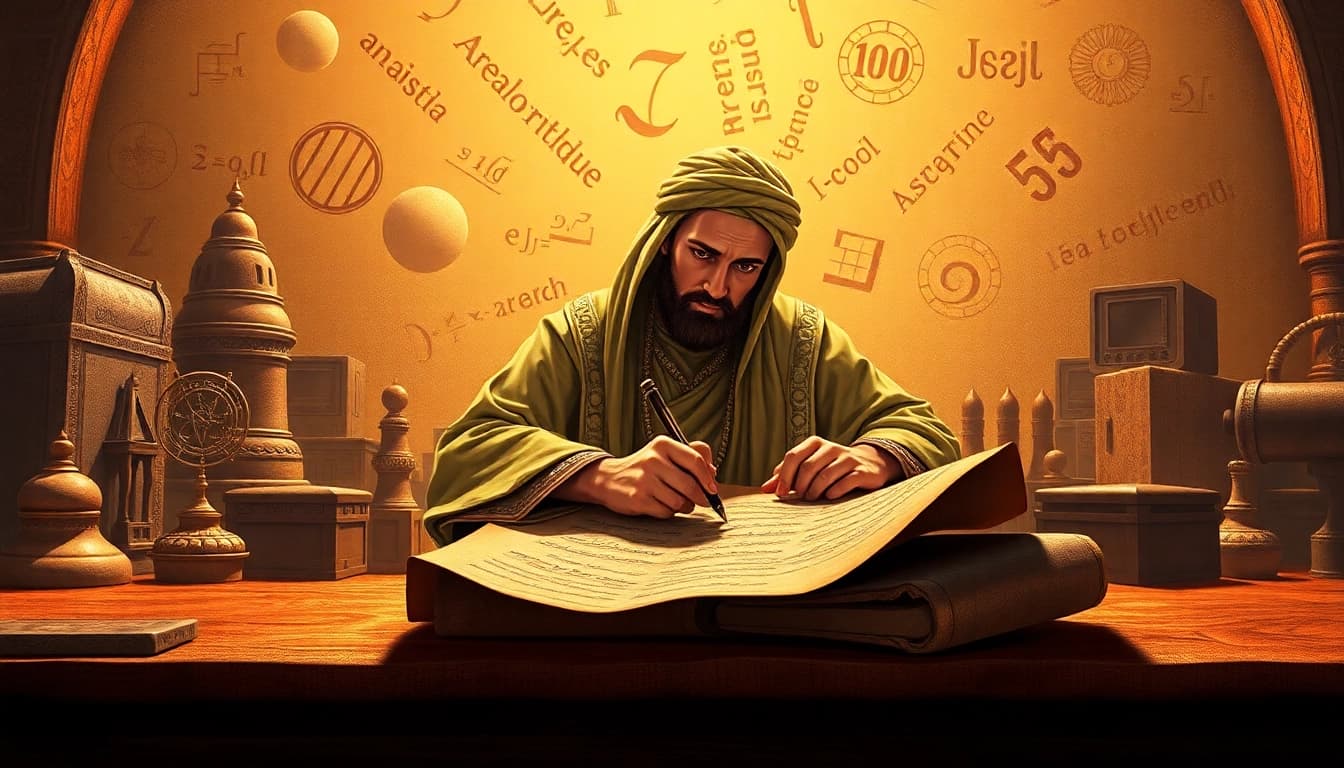 Discover the origin and historical context of algorithm etymology through an artistic representation.