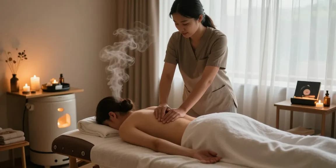 마사지 치료 공간에서 편안한 테이블 위에 앉아 있는 고객에게 스웨디시 마사지 중인 모습