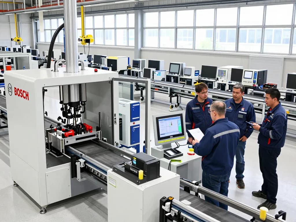 Collaboration on Bosch Rexroth hydraulic systems in a modern factory.