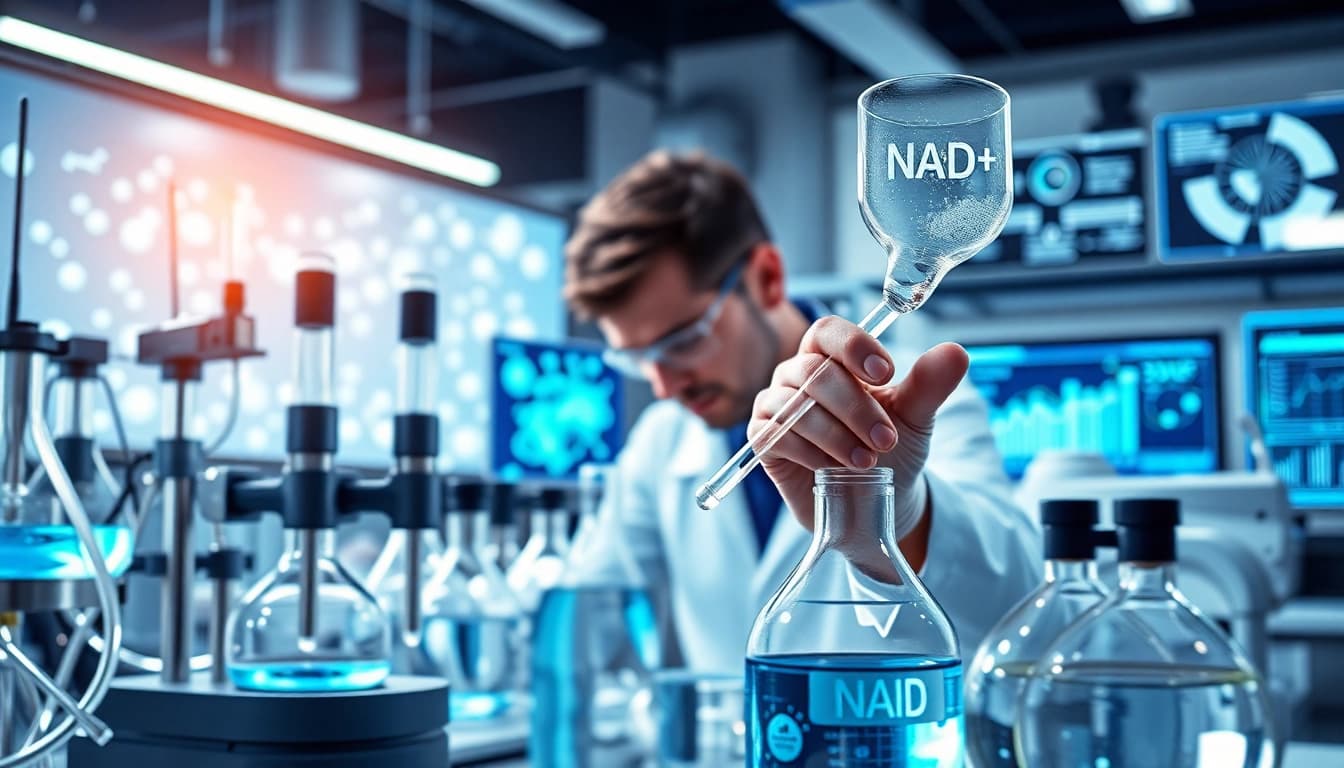 NAD+ molecules featured prominently in a high-tech laboratory, showcasing scientific research.
