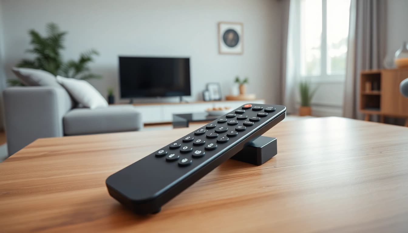 Bedienen Sie Ihre Geräte mit der eleganten Smart Fernbedienung in einem modernen Wohnzimmer.