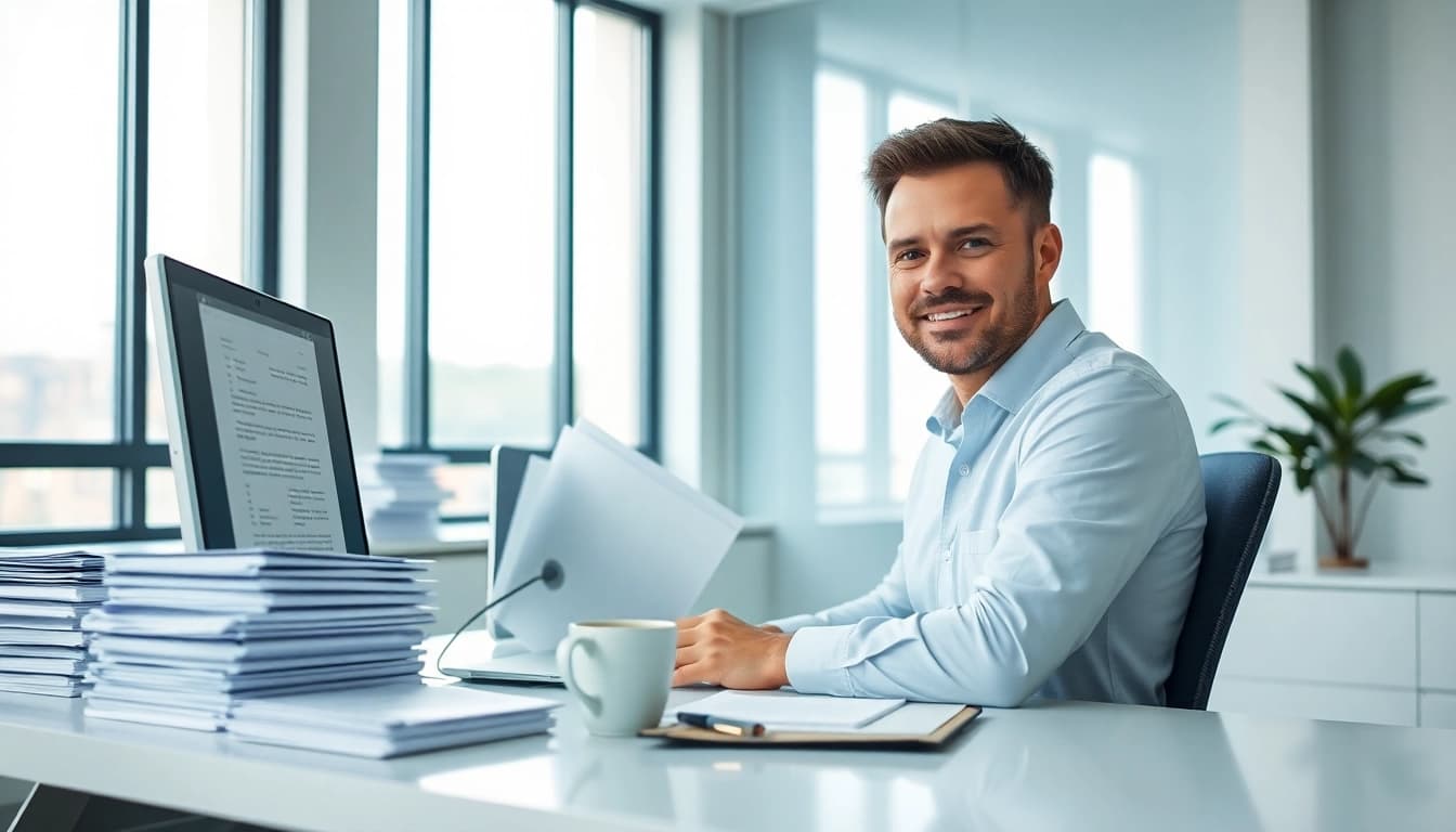 Professional scene of a beëdigd vertaler working in a modern office setting, illustrating dedication and expertise.