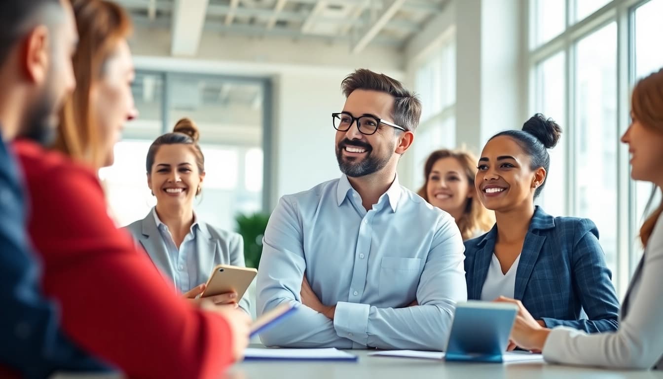 Leverage founder leadership insights from a dynamic team meeting in a modern office environment.