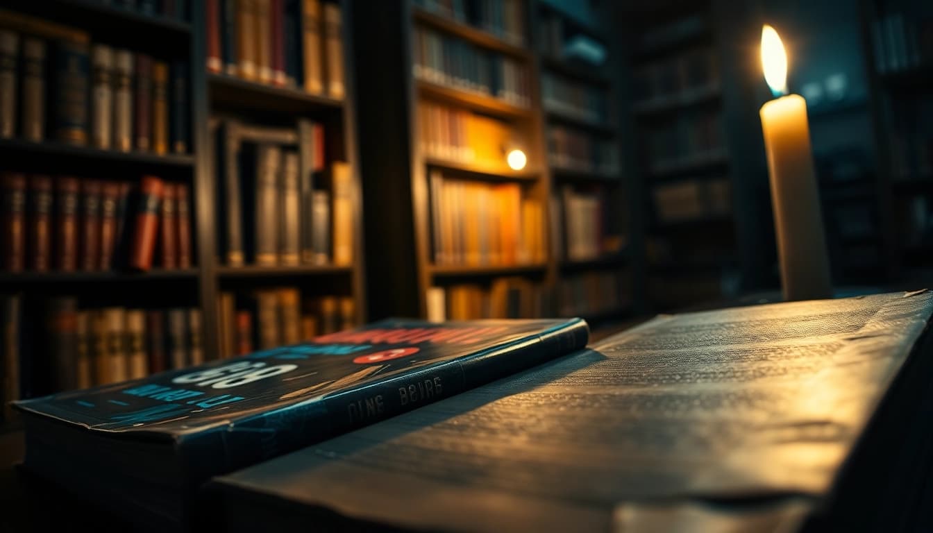 Engaging thriller book resting in a dim library setting, evoking suspense and mystery.