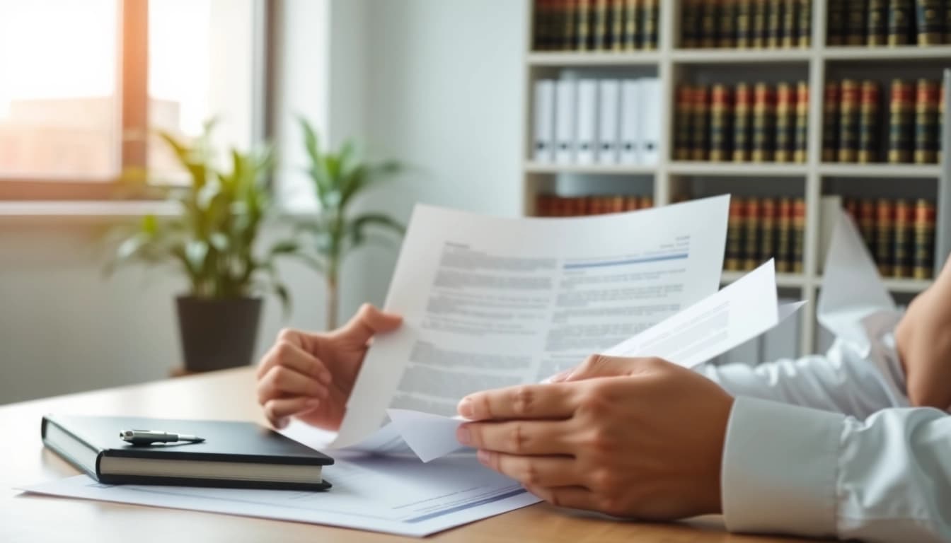 Consultant reviewing Federal and State contracts pre-post award compliance documents at a modern office.