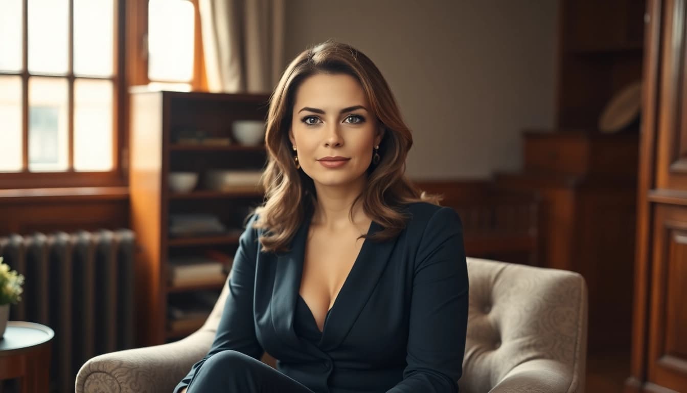 Ritratto Fotografico di una donna elegante su una poltrona vintage in luce naturale.