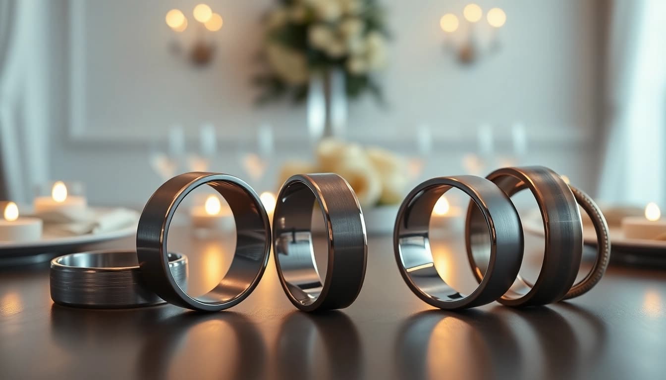 Explore tungsten wedding bands featuring unique finishes in a sophisticated display.