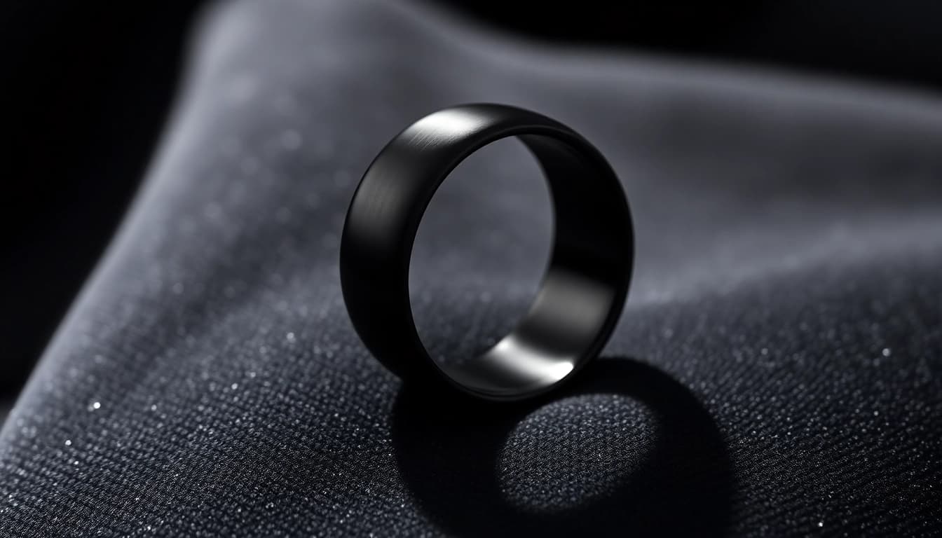 Admire the craftsmanship of Black Zirconium Rings showcasing a sleek and polished design.