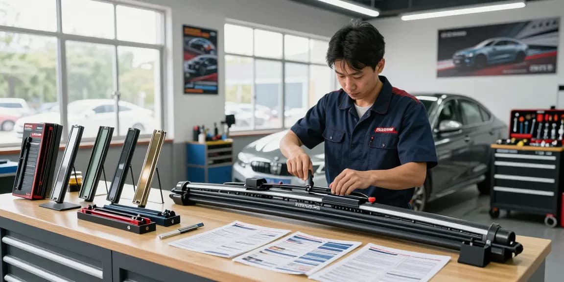 Technician installing a wiper blade on a modern sedan in a well-lit garage