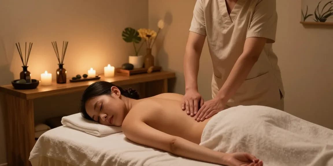 조용한 1인샵 마사지 공간에서 편안하게 마사지 받고 있는 모습.