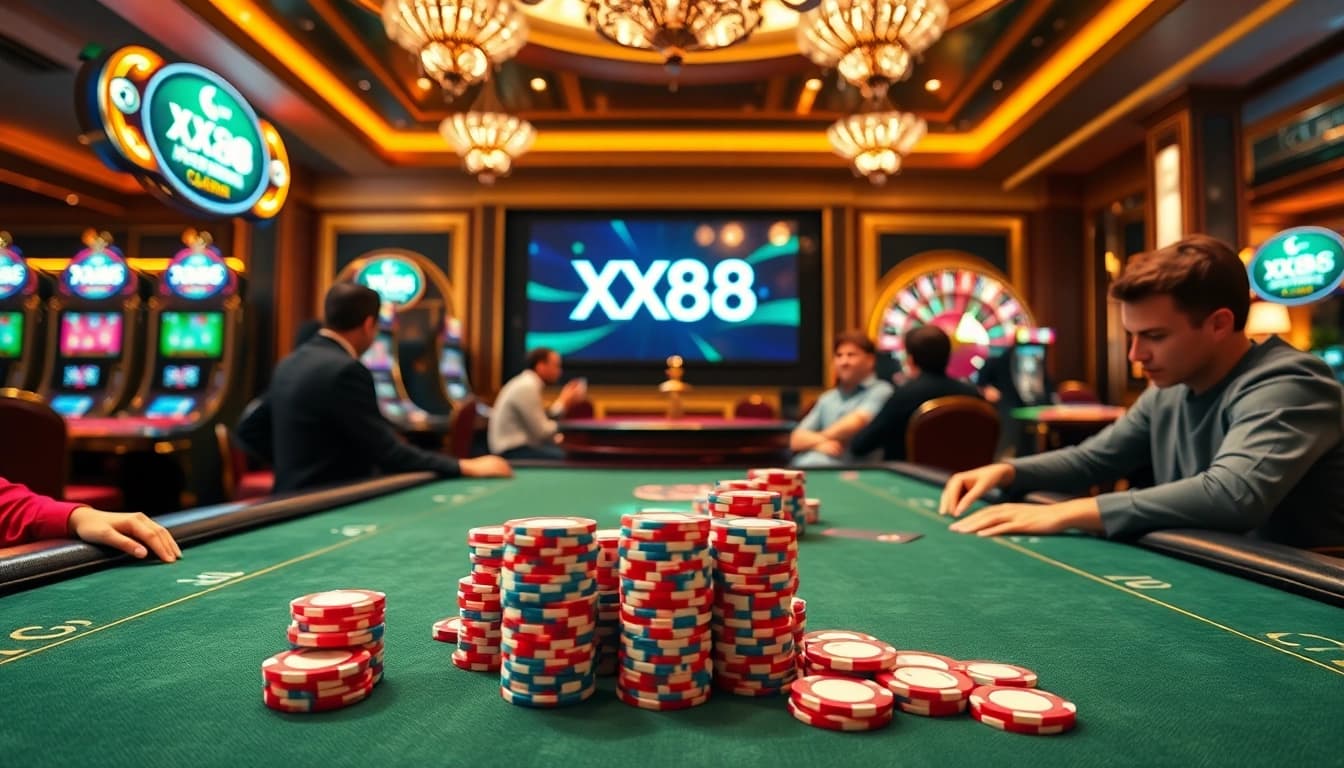 Players engaging in a strategic poker game at an upscale casino table, highlighting XX88's thrilling atmosphere.