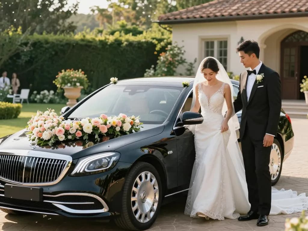 Thuê một chiếc xe Mercedes cưới cho ngày đặc biệt của bạn, với cô dâu và chú rể bên chiếc xe sang trọng cùng với trang trí hoa trong một khu vườn cảnh đẹp.