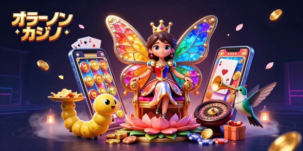 オンライン カジノでの勝利を祝う蝶の女王とゲーム要素の美しい3Dイラスト。