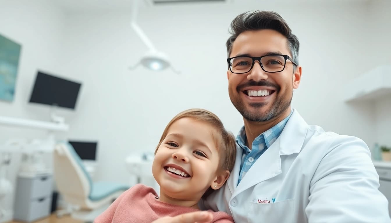Dentist in Manhattan IL providing care to a young patient in a modern office setting.