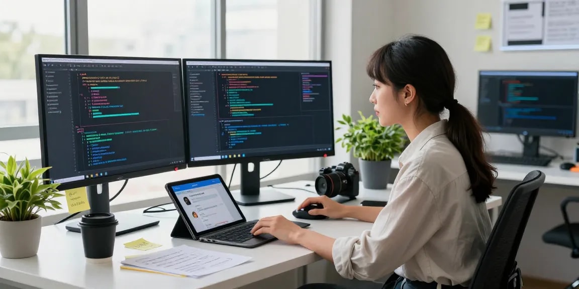 Developer interacting with an nsfw chat bot in a modern tech workspace, showcasing productivity and innovation.