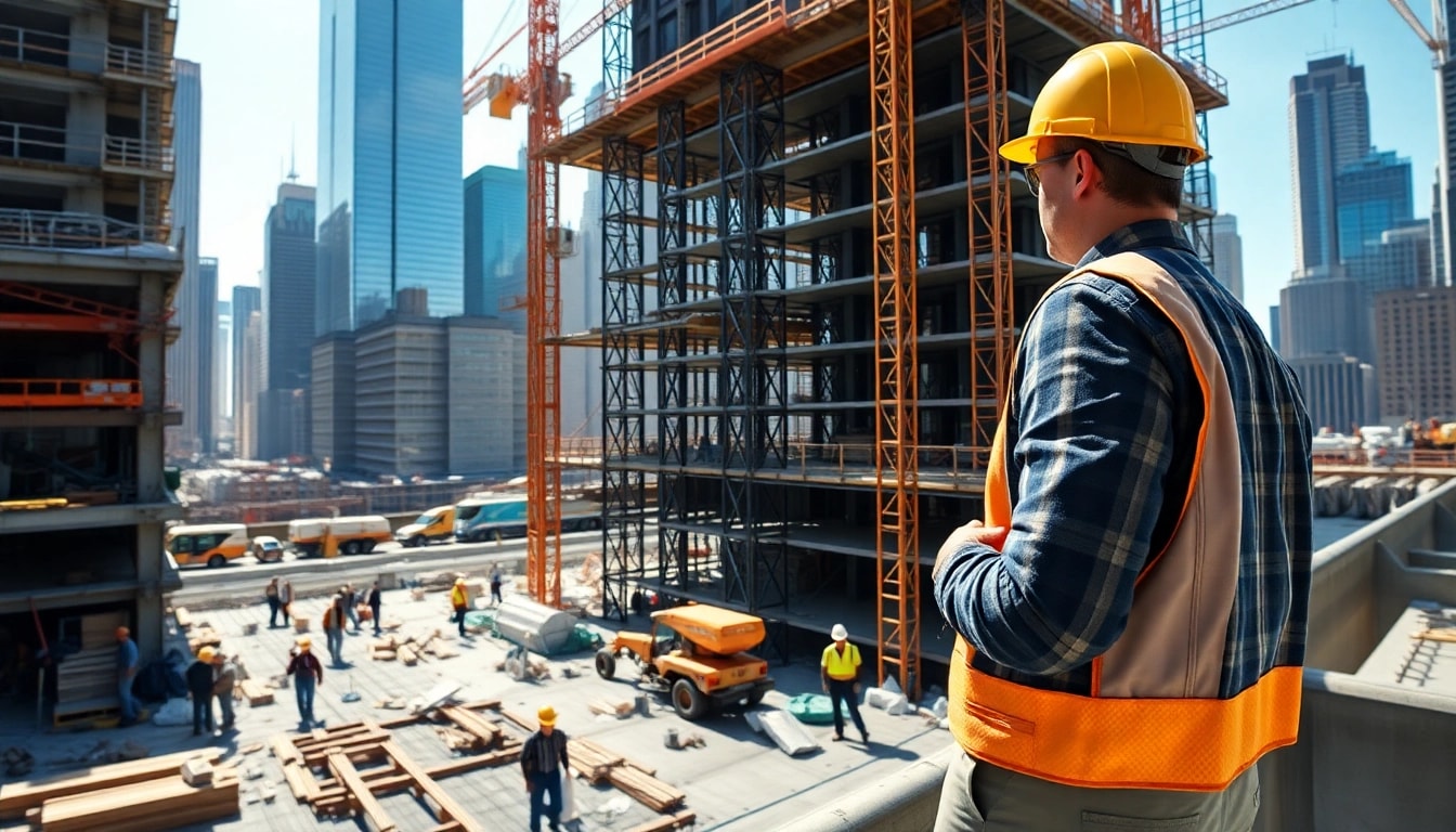 New York City Construction Manager supervising a dynamic city construction site.