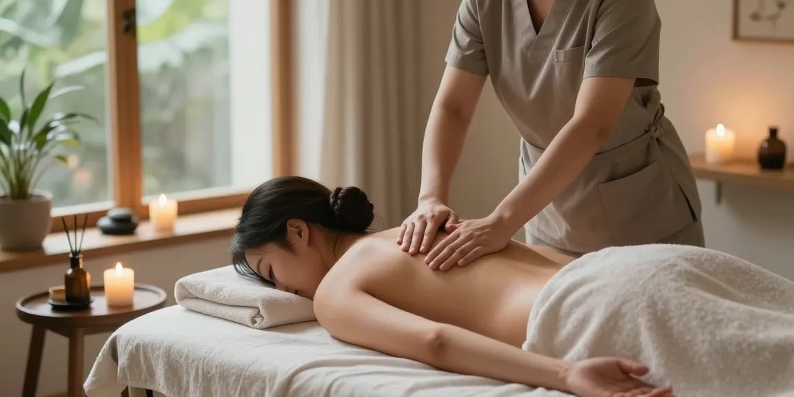 마사지 테라피를 받는 고객과 아로마 테라피가 어우러진 평온한 스파 장면