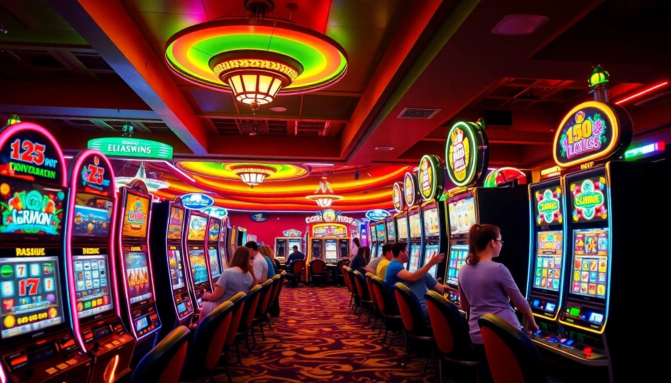 Mesin slot yang berwarna-warni berfungsi dengan lampu neon cerah di kasino yang ramai.