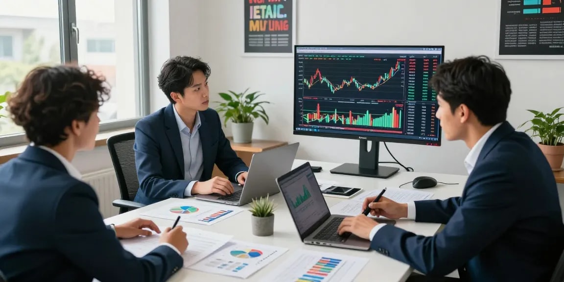 Financial market analysis tools used by professional analysts collaborating in a modern office