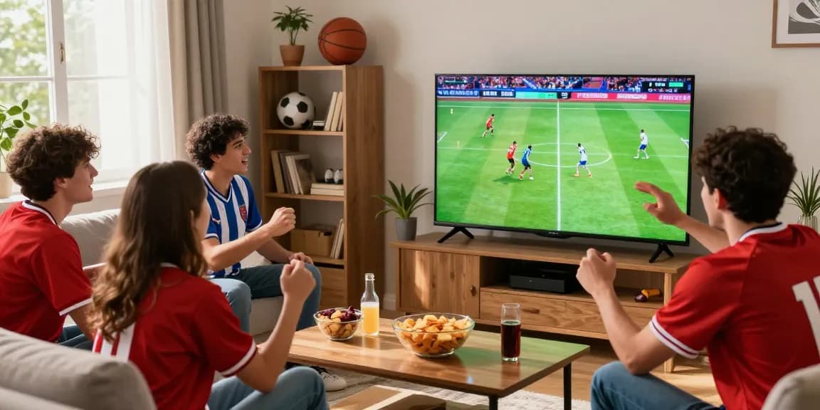 Nonton bola bersama teman-teman di ruang tamu, menonton pertandingan seru dengan TV besar.