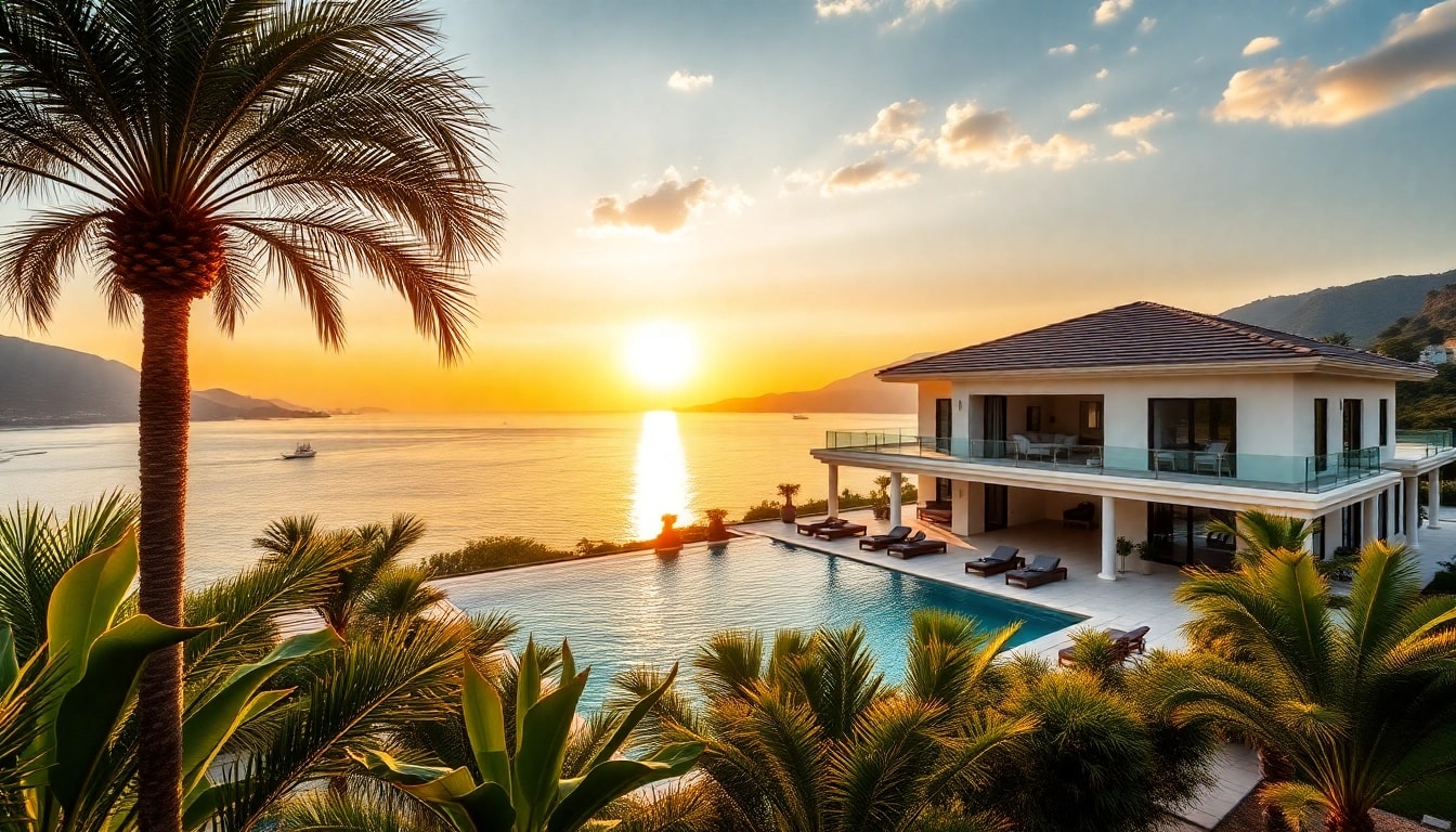 Luxury villa for sale in Alanya with scenic Mediterranean views and lush gardens.