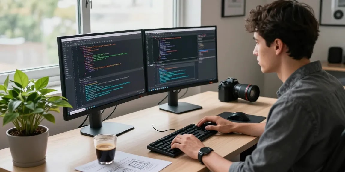 Developer coding on dual monitors in a modern workspace with 纸飞机下载 software tools.