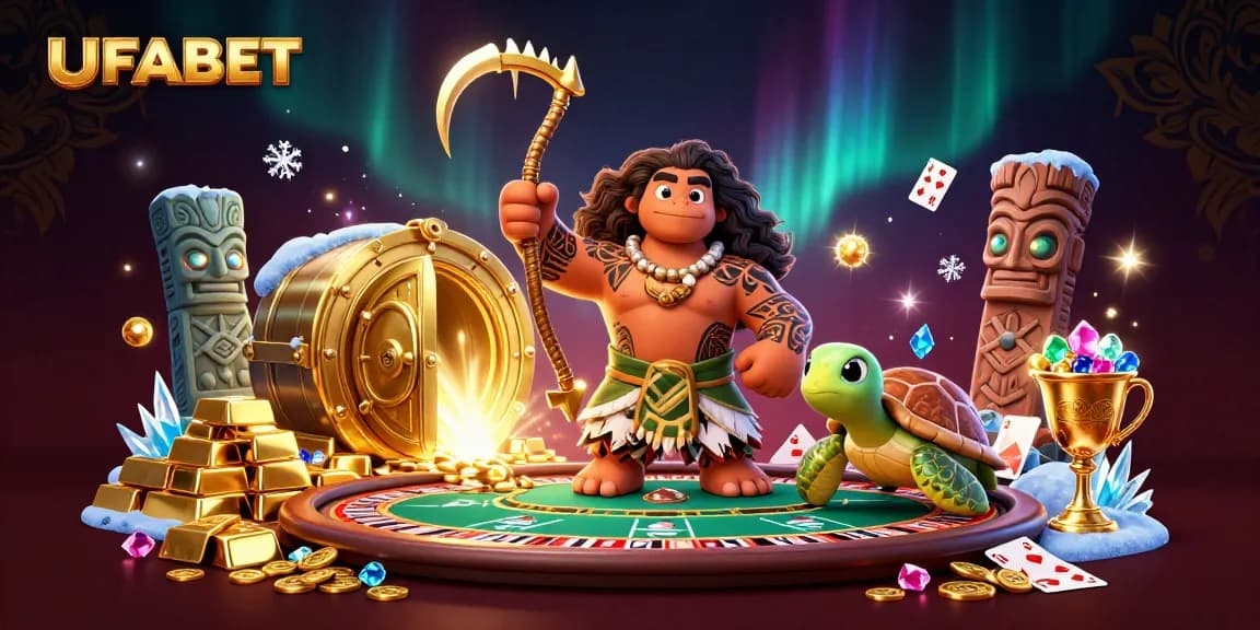 Experience the excitement of UFABET with a dynamic 3D casino illustration featuring thrilling gaming elements.