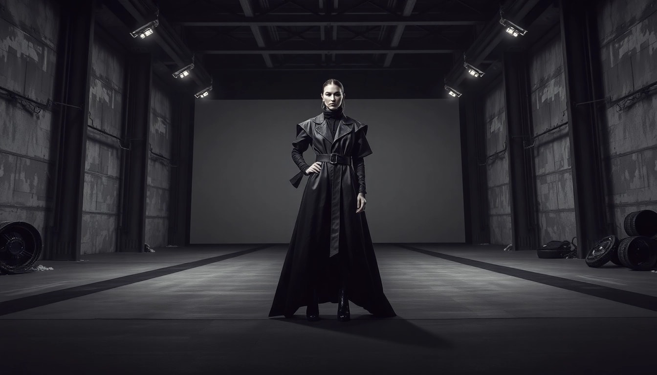 Showcase a fashion model illustrating the rick owens mission statement in a dramatic runway setting.