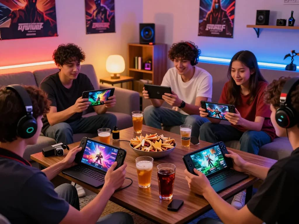 Friends enjoying autowin88 mobile gaming experience in a lively living room setting.