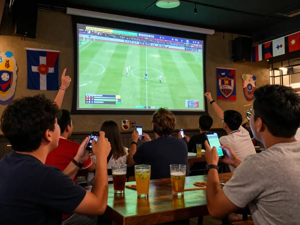 Bóng đá lu fans engaging in live betting while cheering for their favorite football team in a vibrant sports bar.