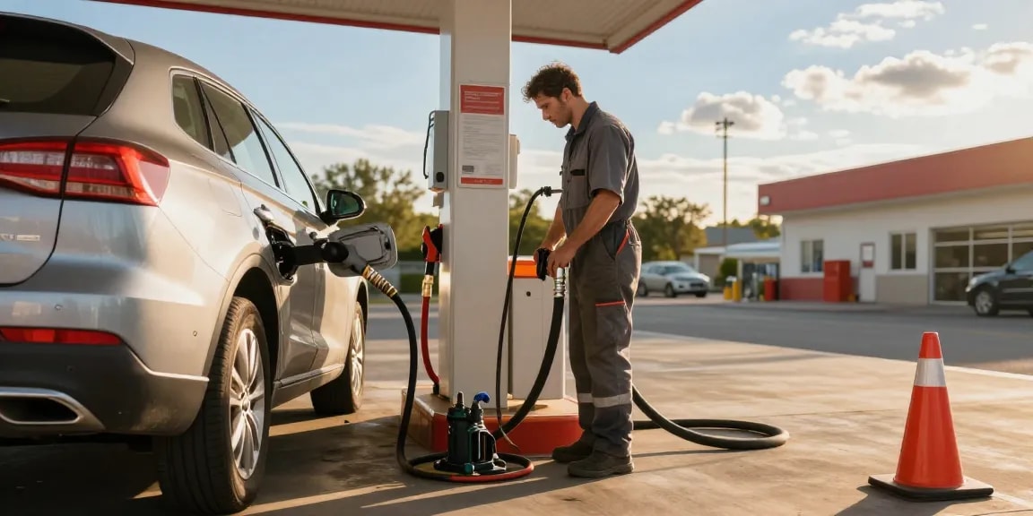 Diesel in petrol car service scene with technician draining wrong fuel at a fuel station