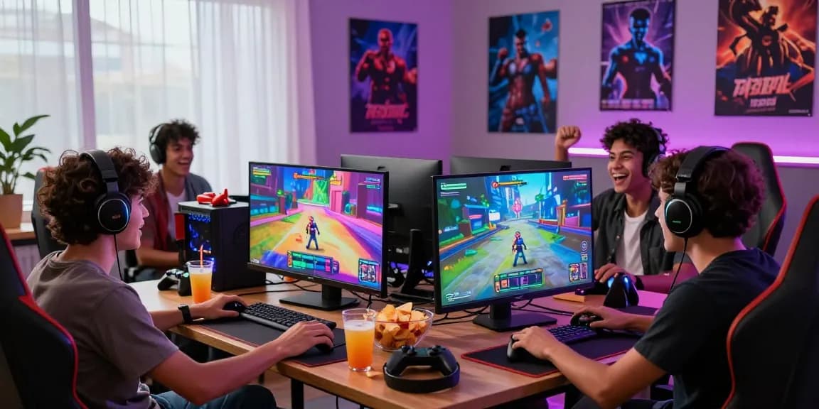 Group enjoying hentai game night with colorful graphics and snacks.