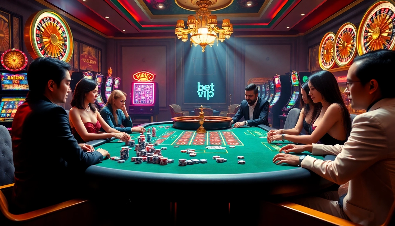 Trải nghiệm sự sang trọng của Bet VIP với hình ảnh sòng bạc sống động của những người chơi poker tại bàn cược lộng lẫy.