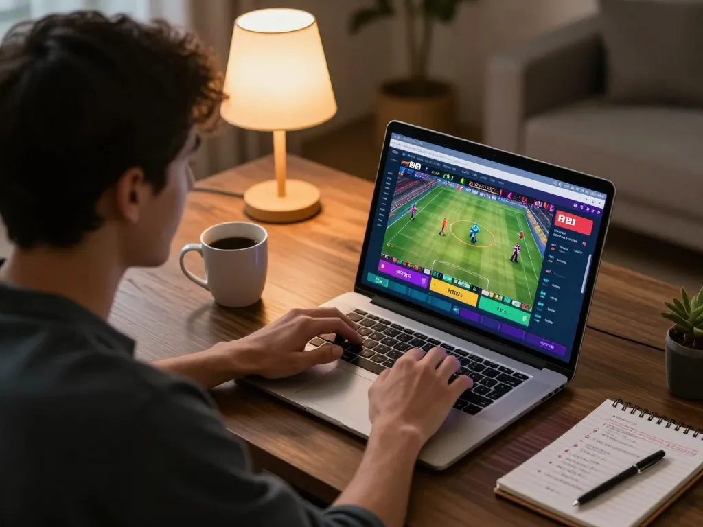 Engaged player using FB88 for live sports betting strategy in a cozy home setting.
