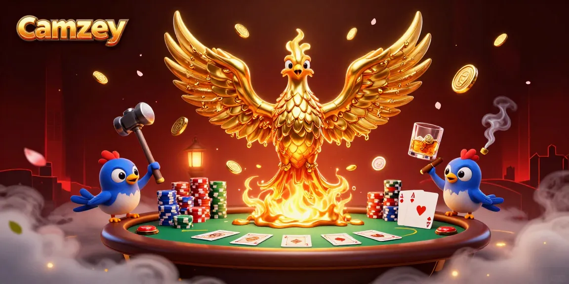 Engage with camzey's interactive live poker scene featuring a molten phoenix and rich casino elements.