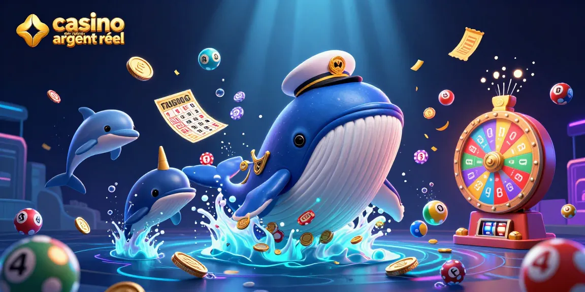 Un jeu captivant dans un casino en ligne argent réel avec une baleine immense et des éléments de loterie colorés.