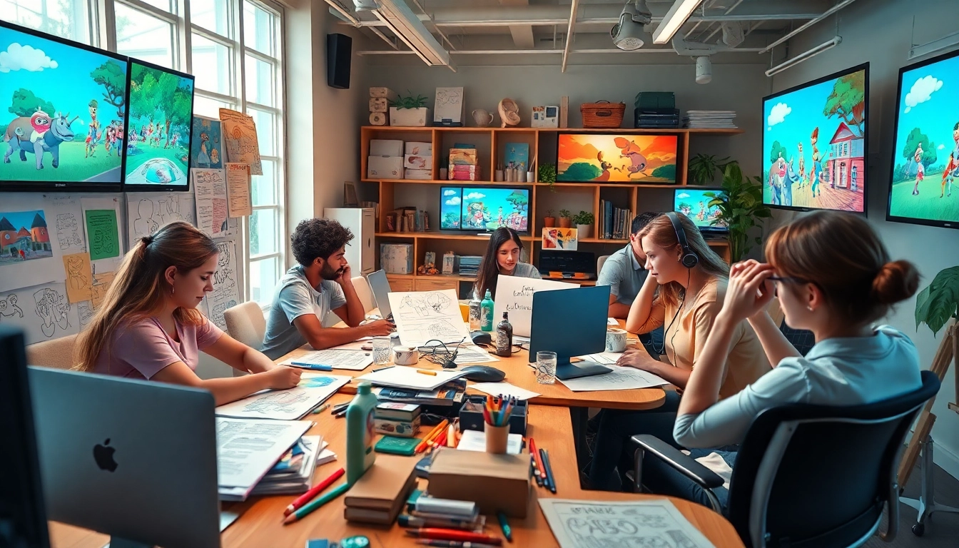 Animationsstudio mit kreativen Künstlern, die an verschiedenen Projekten zusammenarbeiten.