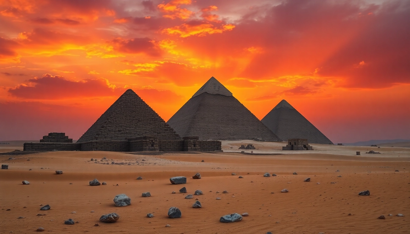 Explore piraminds at sunset with golden rays illuminating their majestic structures.
