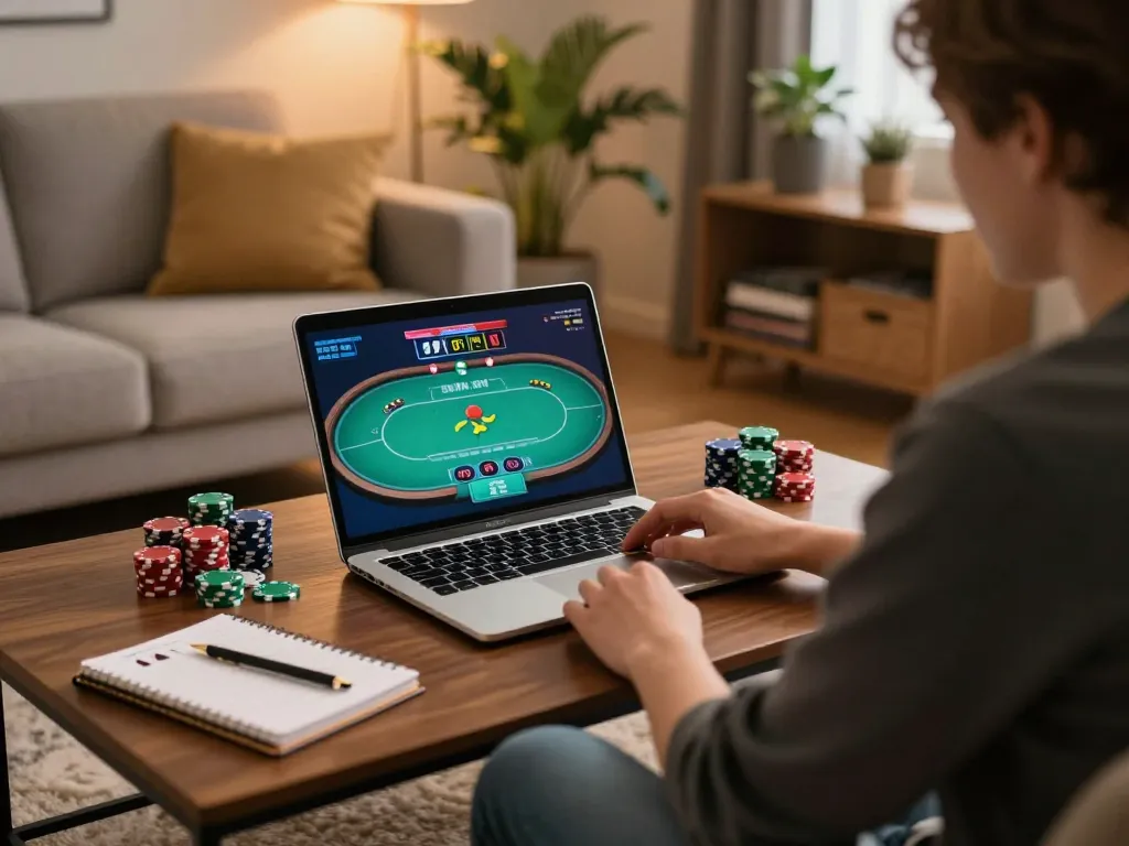 56WIN player focusing on online poker strategy in a cozy living room setting