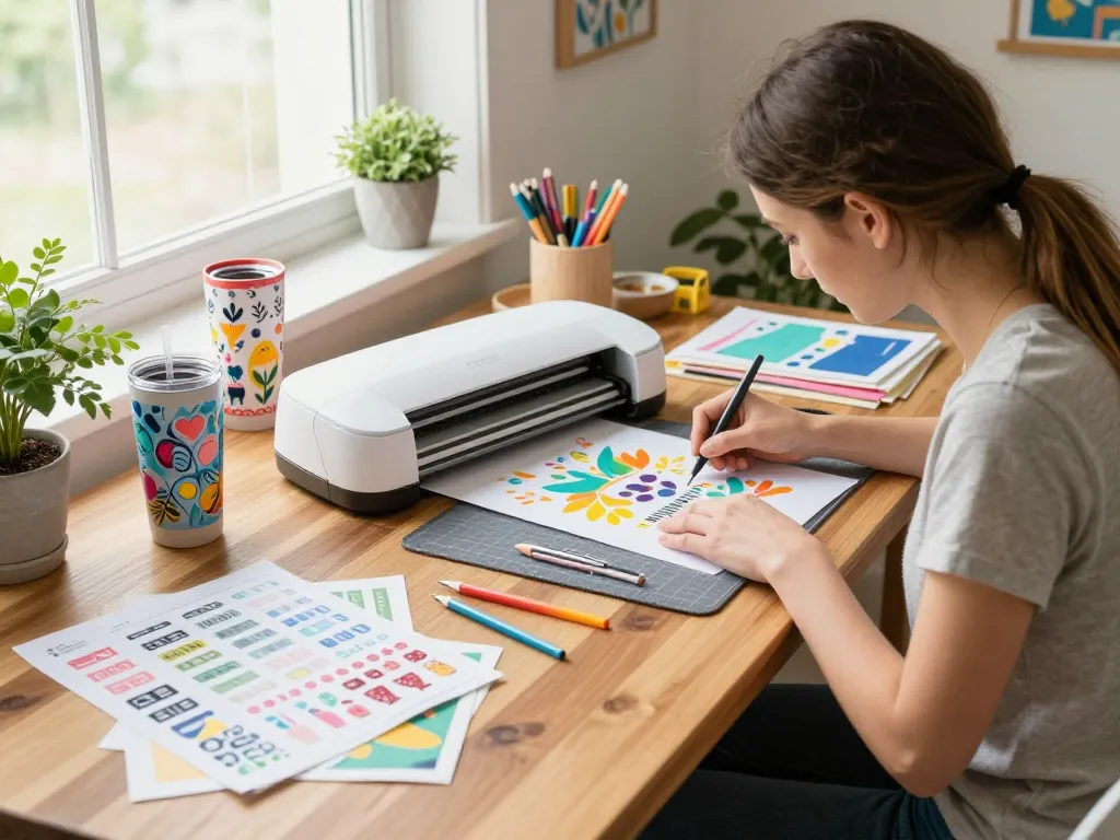 Engaged crafter using a cricut svg bundle to create colorful tumbler designs in a vibrant workspace.