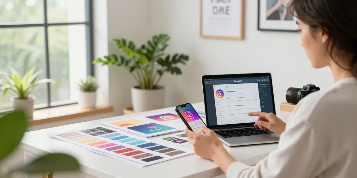 Ein Influencer erstellt Inhalte, um die Likes für Instagram-Kommentare zu erhöhen, in einem kreativen Raum mit Smartphones und Analysen.