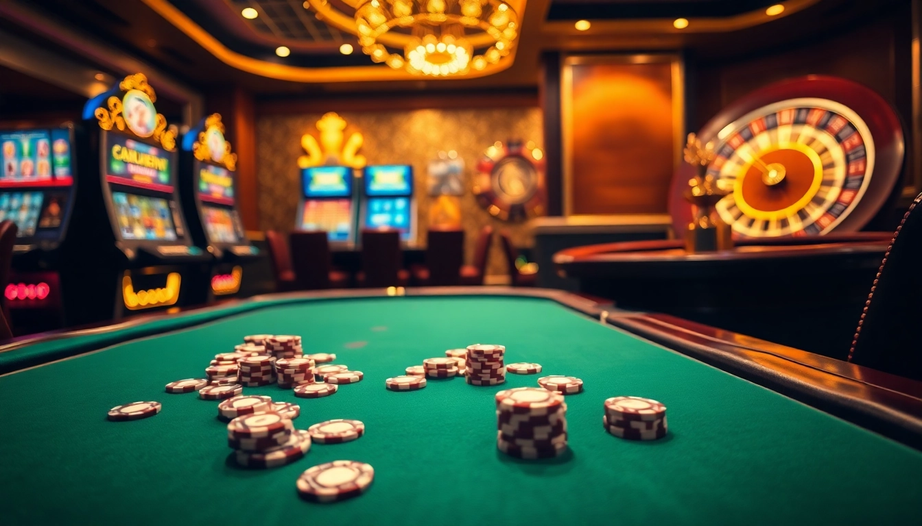 Scène engageante de casino en ligne avec une table de poker et des machines à sous vibrantes.