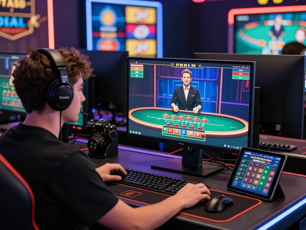 Engaged player enjoying a live baccarat game on a computer at an online casino, showcasing the vibrant atmosphere of 바카라사이트.